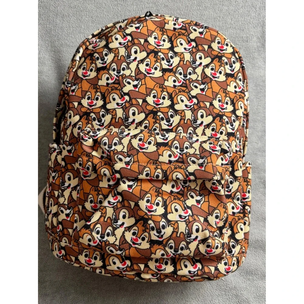 Rare Disney Chip 'n Dale All Over Print Backpack Canvas Brown Tan Cream Bag